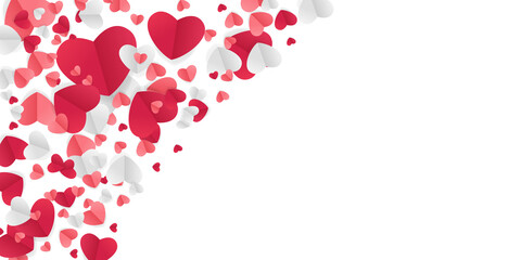 Red, pink and white flying hearts isolated on transparent background. Vector illustration. Paper cut decorations for Valentine's day border or frame design.   