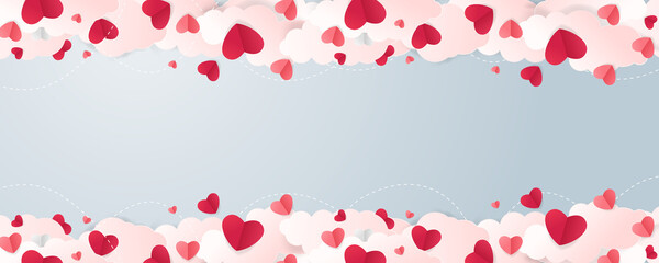 Happy Valentine's Day banner. Holiday background design with big heart made of pink, red and blue Origami Hearts on black fabric background. Horizontal poster, flyer, greeting card, header for website