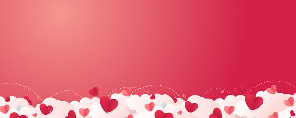 Valentines sale vector banner template. Valentines day store discount promotion with white space for text and hearts elements in red background. Vector illustration. 