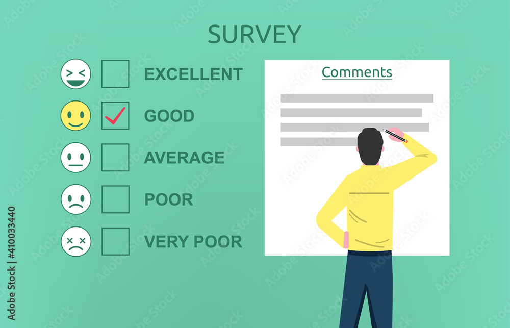 Poster man filling survey form concept. a survey questionnaire for customer satisfaction vector illustratio