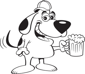 Black and white illustration of a dog wearing a baseball cap and holding a beer mug.