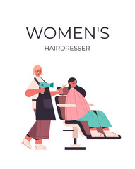 hairdresser using hair dryer and scissors making hair style to client in beauty salon full length isolated vector illustration