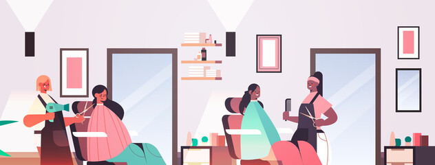 hairdressers making hair style to mix race clients modern beauty salon interior horizontal portrait vector illustration