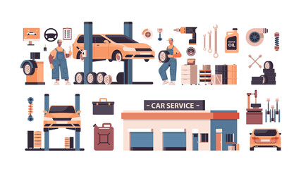 set car service elements collection automobile check up maintenance station repair shop concept isolated horizontal vector illustration
