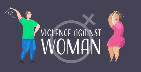 angry husband punching and hitting wife stop domestic violence and aggression against women concept horizontal full length vector illustration