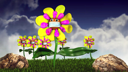 flores 3d con mascarilla médica celebrando la llegada de la primavera y protegidas del virus - obrazy, fototapety, plakaty