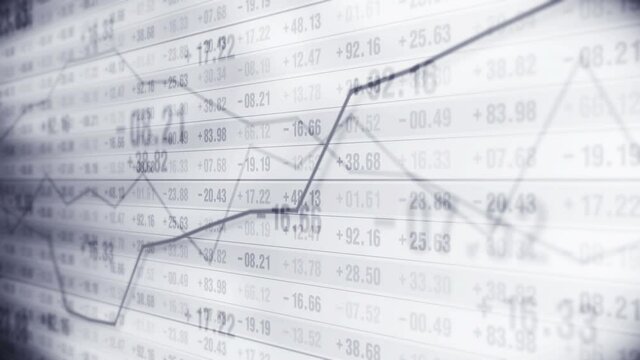 Graph and numbers in stock market. Business Success and growth concept. Monochrome. Abstract financial chart on screen display. Loop animation.