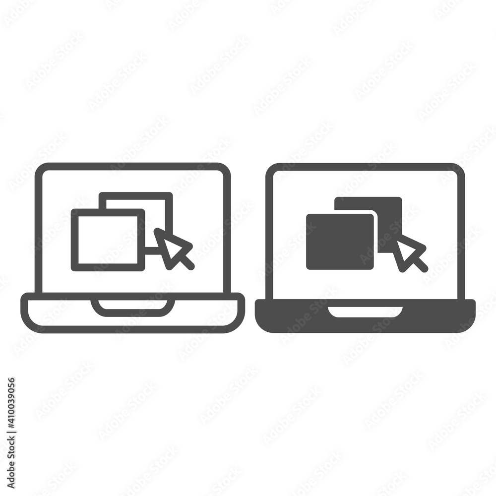 Aufkleber laptop with windows and pointer line and solid icon, online education concept, website on laptop sig