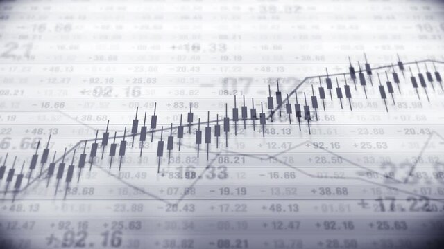 Graph and numbers in stock market. Business Success and growth concept. Monochrome. Abstract financial chart on screen display. Loop animation.
