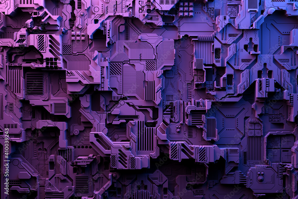 Poster 3d illustration of a pattern in the form of a metal, technological plating of a spaceship or a robot. Abstract Graphics in the style of computer games. 