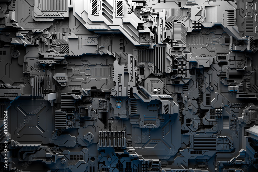 Poster 3d illustration of a pattern in the form of a metal, technological plating of a spaceship or a robot