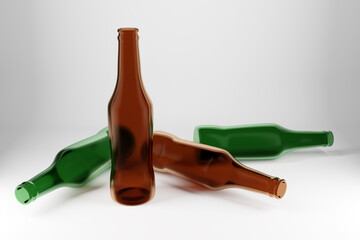 Four green and brown glass beer bottles on white isolated background
