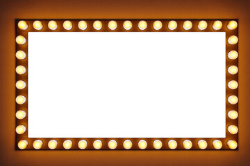 Bright yellow light bulbs in a row in the shape of a rectangle are lit on a brown isolated background. White straight line, around which light bulbs shine brightly