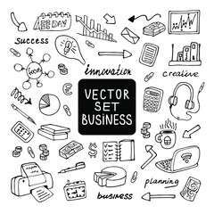 set business doodles on white background.Set of Business illustration Hand drawn doodle Sketch line vector. Doodle set of office items, business elements.Vector images for web,print,background, icons.
