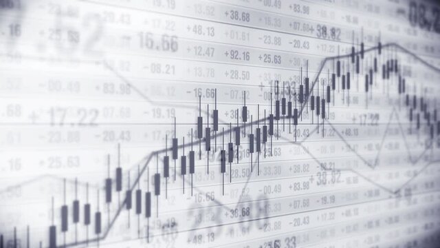Graph and numbers in stock market. Business Success and growth concept. Monochrome. Abstract financial chart on screen display. Loop animation.