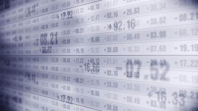 Financial stock market numbers. Business success and growth concept. Monochrome. Abstract economy data on screen display. Loop animation.