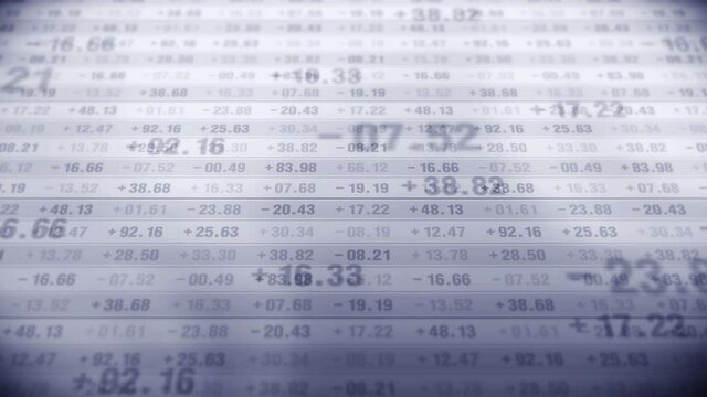 Financial stock market numbers. Business success and growth concept. Monochrome. Abstract economy data on screen display. Loop animation.
