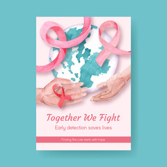 Poster template with world cancer day concept design for marketing and advertise watercolor vector illustration.