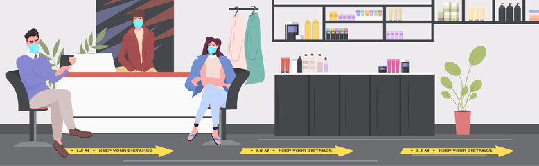 clients in masks sitting at reception counter keeping distance to prevent coronavirus pandemic beauty salon interior horizontal full length vector illustration