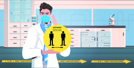doctor in mask holding yellow round sign for social distancing coronavirus pandemic prevention hospital laboratory interior horizontal portrait vector illustration