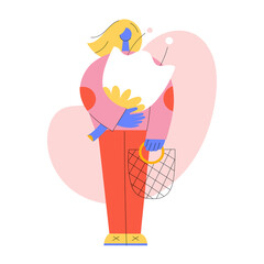 Woman standing with tulip flower and bag. Colorful female figure illustration. 