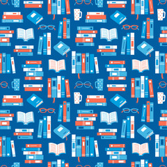 Obraz na płótnie Canvas Seamless pattern with books, glasses and mugs on dark blue background. Reading themed hand drawn vector illustration.