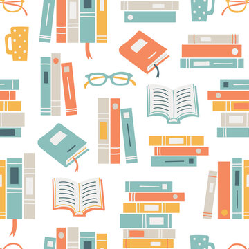 Seamless pattern background with books, glasses and mugs. Reading themed hand drawn vector illustration.