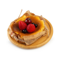 Basque burnt cheesecake : European cheesecake with soft center, creamy and light isolated on a white background.