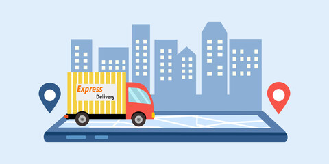 Fototapeta na wymiar Online delivery service concept vector illustration. Order tracking via smartphone and internet. Design for web, landing page, banner, poster. Logistic process and delivery man.