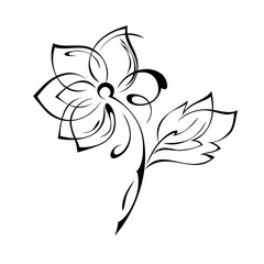 ornament 1498. one unique stylized flower on a stalk with two leaves in black lines on a white background