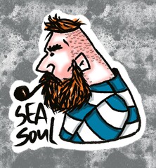 handsome bearded seaman smoking in profile portrait. sea soul