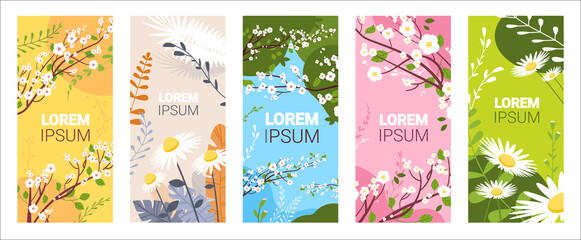 set beautiful flowers and leaves floral spring posters collection vertical greeting cards horizontal vector illustration
