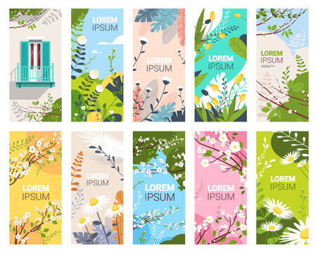 set beautiful flowers and leaves floral spring posters collection vertical greeting cards horizontal vector illustration