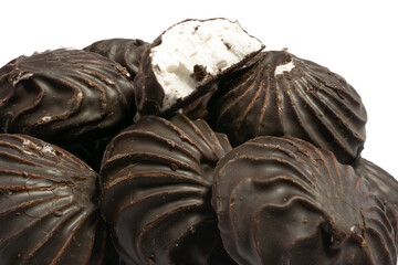Chocolate-covered marshmallow close-up, isolated on a white background.Selective focus.