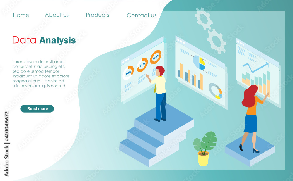 Poster isometric view. business man and woman analysing data from virtual business graph charts and icons. 