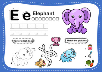 Alphabet Letter E-elephant exercise with cartoon vocabulary illustration, vector