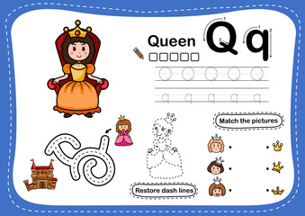 Alphabet Letter Q-Queen exercise with cartoon vocabulary illustration, vector