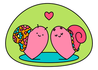happy couple of pink hearts - smiling snails in the green bubble