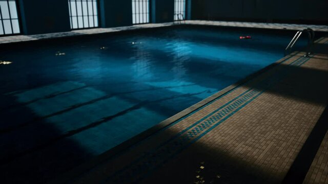 The view of an empty public swimming pool indoors