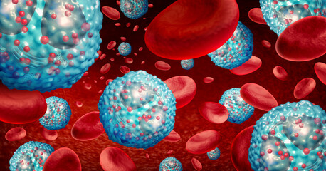 Eosinophil white blood cell concept inside the human body related to the immune system and allergy or asthma medical condition as cells inside an artery anatomy concept