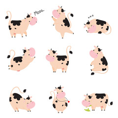 Naklejka premium Lovely Happy Baby Cow in Various Action Set, Adorable Funny Farm Animal Cartoon Character Vector Illustration