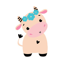 Obraz na płótnie Canvas Cute Little Baby Cow in Wreath of Blue Flowers, Adorable Funny Farm Animal Cartoon Character Vector Illustration