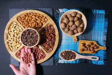 mixed organic nuts, top view. Food mix background, top view. vegetarian food