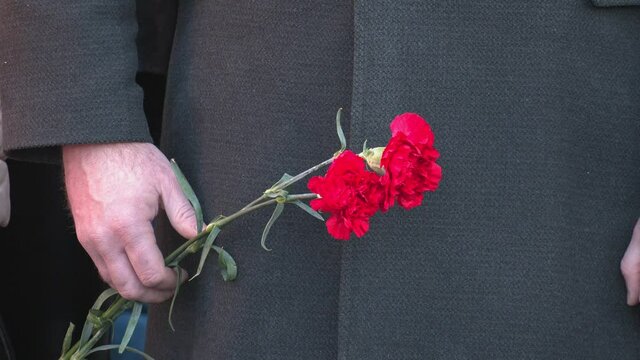 Two red carnations in a man's hand at the Victory Day celebration. Man in black clothes holds in his hand two red flowers of carnation as symbol of grief military memorial, traditional symbol funerals