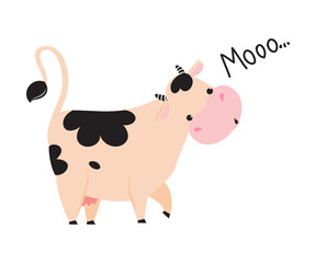 Cute Little Mooing Cow, Adorable Funny Farm Animal Cartoon Character Vector Illustration