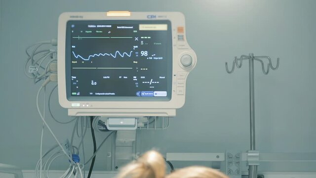 Heart Rate Monitor in Hospital during the Coronavirus Global Pandemic. Close Up. Zoom In. 4K Resolution.