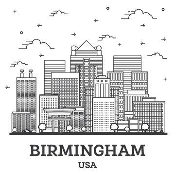 Outline Birmingham Alabama USA City Skyline with Modern Buildings Isolated on White.