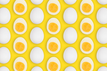 Pattern of whole and cut white easter eggs on yellow background