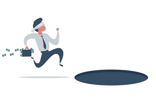 Blindfolded businessman running to find money and does not see pit hole. Vector flat design illustration.