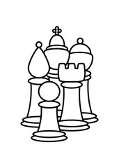 Coloring pages with chess pieces. Vector illustration with chess king, queen, rook, bishop, knights, pawn